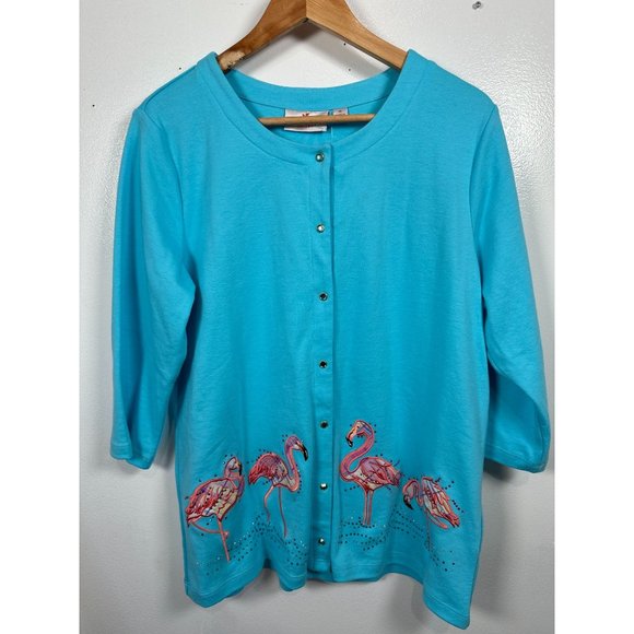 NWT Quaker Factory Medium Top Cardigan Flamingos Blue Button Up 3/4 Sleeve - Picture 8 of 15
